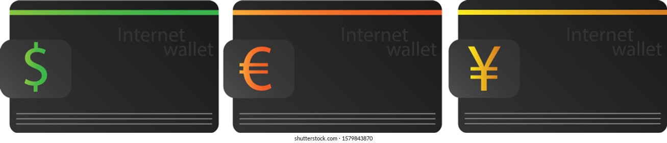 Abstract minimal internet wallet concept for dollar, euro and yen.