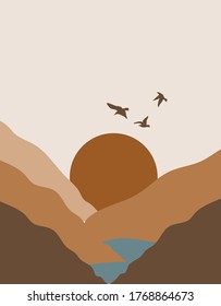 Abstract and minimal landscape illustration. Mountains, river and flying birds poster. Earthy travel inspired postcard.