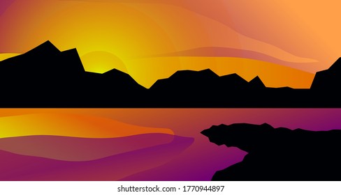 Abstract minimal landscape with mountains and river, lake or sea, geometric cartoon summer landscape
