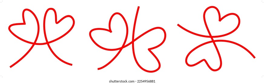 An abstract minimal line drawing of three red double hearts for Valentine’s Day on an isolated white background