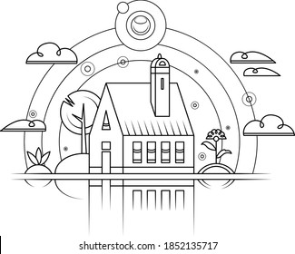 Abstract minimal linear sketch flat logo symbol of private house on the background of landscape and celestial bodies. Reflection of the silhouette of a building.