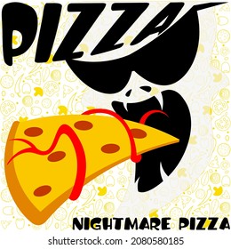 abstract minimal logo with silhouette of a monster with a slice of pizza in his mouth