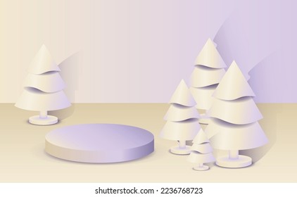 Abstract minimal mock up scene. Geometry podium shape for show cosmetic product display and goods. Stage pedestal, platform. Winter christmas gold background with white christmas trees. 3D vector