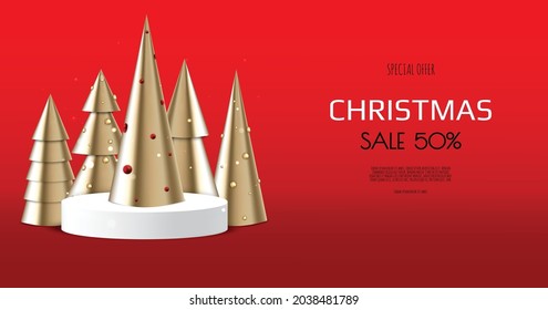 Abstract minimal mock up scene. Podium shape for show product display. Winter christmas white background with gift box.