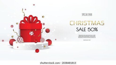 Abstract minimal mock up scene. Podium shape for show product display. Winter christmas white background with gift box.