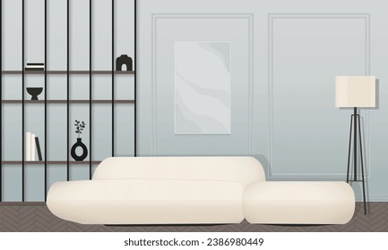 Abstract minimal modern living room interior concept in pastel shades of blue, beige and dark wood colour. For concept, web, social media, banner, proposal