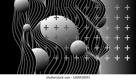 Abstract minimal monochrome background with waves and circles. 
