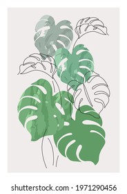 Abstract Minimal Monstera Leaves Plant In One Line Drawing And Watercolor Silhouettes. Modern Vector Illustration In Continuous Line Art Style. Simple Botanical Concept For Summer Design