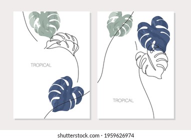 Abstract minimal monstera leaves posters set in one line drawing, watercolor style. Modern vector illustration with continuous line art design. Simple botanical concept for covers, templates, prints