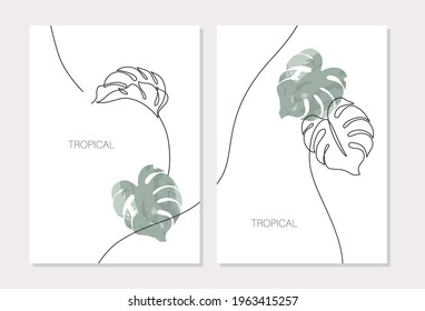 Abstract minimal monstera leaves posters set in one line drawing, watercolor style. Modern vector illustration with continuous line art design. Simple botanical concept for covers, templates, prints