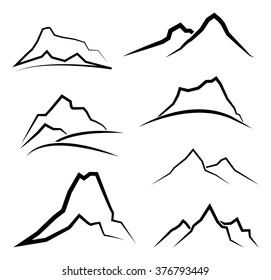 Abstract minimal mountain landscape symbol set, black and white, vector illustrations