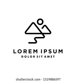 abstract minimal mountain logo with river icon illustration in trendy  linear outline line logo style