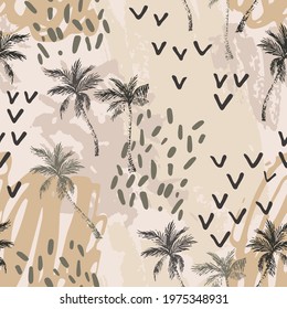 Abstract minimal palm trees seamless pattern, coconut palm tree vector background. Minimalist botanical contemporary art composition for summer beach design, jungle paradise fabric, textile, swimwear