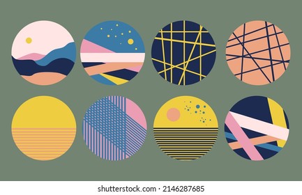 The abstract minimal pattern is set in the circle for wall decoration, postcards or brochures, cover design, stories, social media, and app design.