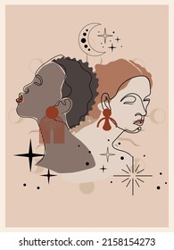 Abstract minimal portrait of girls with different skin colors stand together.