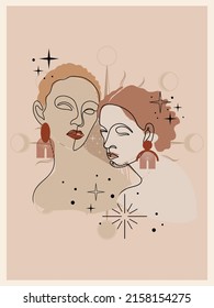 Abstract minimal portrait of girls with different skin colors stand together.