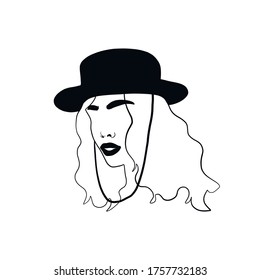 Abstract minimal portrait woman in hat. . Head fashionable accessory. Beauty and glamour concept. Cap headgears for lady. Hand drawn vector illustration. 