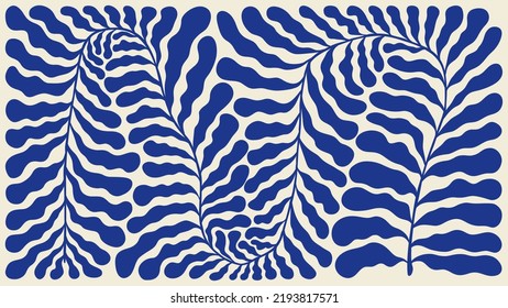 Abstract minimal poster. Contemporary background, modern print blue floral element, organic wavy shapes Matisse style. Vector art