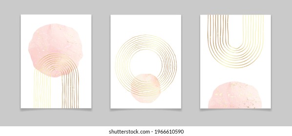 Abstract minimal posters with gold lines and watercolor elements. Trendy geometric backgrounds for wall decoration, brochure cover. Contemporary vector illustration of modern home prints.