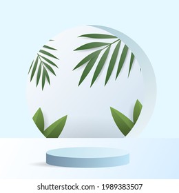 Abstract minimal product display with green plant leaves presentation in blue background ,podium display minimal, illustration 3d Vector EPS 10