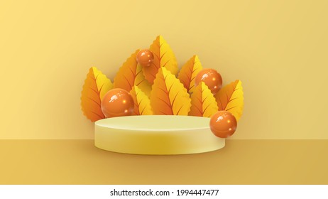 Abstract minimal scene with autumn geometric forms. cylinder podium in orange background with autumn plant leaves. product presentation, mockup, show product, podium, stage pedestal or platform.