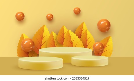 Abstract minimal scene with autumn geometric forms. cylinder podium in orange background with autumn plant leaves. product presentation, mockup, show product, podium, stage pedestal or platform.