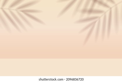 Abstract minimal scene with beige floor and wall.  Vector 3d coral showcase. Podium or stand with tropical leaves shadow to show cosmetic products. Summer background