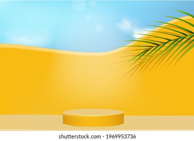 Abstract minimal scene cylindrical background with yellow geometric platforms and leaves. Summer 3d background vector renderings with podium. stands to show products. Stage Showcase on a modern 3d 