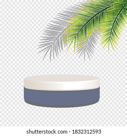 Abstract minimal scene with geometric forms. cylinder wood podium in white background with leaves. product presentation, mock up, show cosmetic product, Podium, stage pedestal or platform. 3d vector