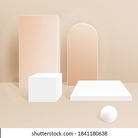 Abstract minimal scene with geometric forms. cylinder podium in gentle brown background with ball.Product presentation, mock up, show cosmetic product. Stage pedestal or platform. 3d vector