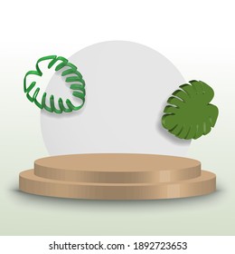 	
Abstract minimal scene with geometric forms. cylinder wood podium in brown background with leaves. product presentation, mock up, show cosmetic product, Podium, stage pedestal or platform. 3d vector