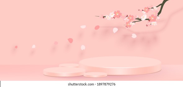 Abstract minimal scene with geometric forms. cylinder podium in pink background with pink sakura flower. product presentation, mockup, show product, podium, stage pedestal or platform. 3d vector.