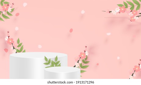 Abstract minimal scene with geometric forms. cylinder podium in pink background with pink sakura flower. product presentation, mockup, show product, podium, stage pedestal or platform. 3d vector.