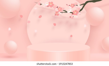 Abstract minimal scene with geometric forms. cylinder podium in pink background with pink sakura flower. product presentation, mockup, show product, podium, stage pedestal or platform. 3d vector