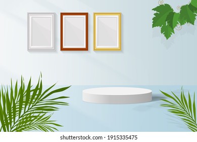 Abstract minimal scene with geometric forms. in light blue ,3d vector background with wall photo frame presentation mockup, shadow leaves. podium composition design, showcase, copy space