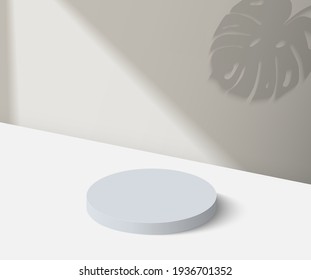 abstract minimal scene with geometric forms. cylinder white podium in white background with leaves product presentation, mock up, show cosmetic product, Podium, stage