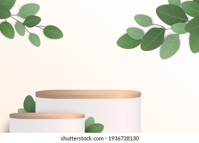Abstract minimal scene with geometric forms. cylinder wood podium in black background with leaves. product presentation, mock up, show cosmetic product, Podium, stage pedestal or platform. 3d vector