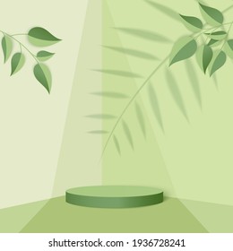 Abstract minimal scene with geometric forms. cylinder podium in green background with green plant leaves. product presentation, mockup, show product, podium, stage pedestal or platform. 3d vector