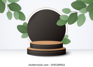 Resumen de escena mínima con formas geométricas. podio de madera de cilindro en fondo negro con hojas. presentación del producto, maqueta, muestra productos cosméticos, podio, pedestal de escenario o plataforma. 3.ᵉʳ vector