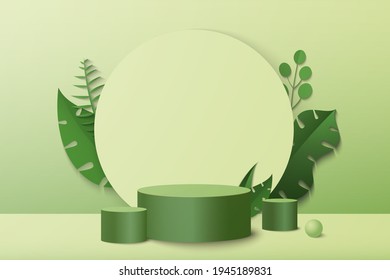 Abstract minimal scene with geometric forms. cylinder podium in green background with green plant leaves. product presentation, mockup, show product, podium, stage pedestal or platform. 3d vector