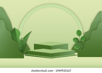 Abstract minimal scene with geometric forms. cylinder podium in green background with green plant leaves