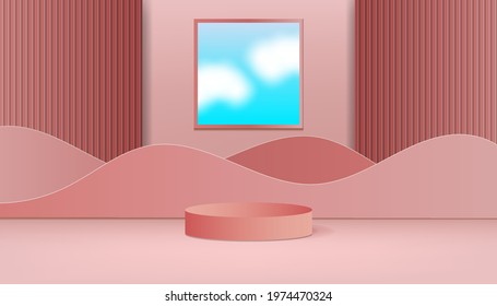 Abstract minimal scene with geometric forms and cylinder podium display