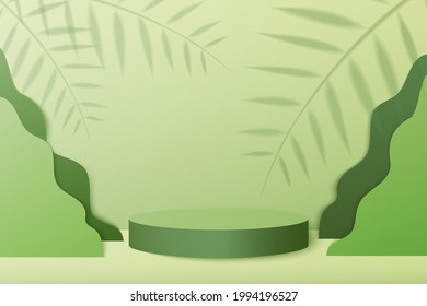 Abstract minimal scene with geometric forms. cylinder podium in green background with green plant leaves