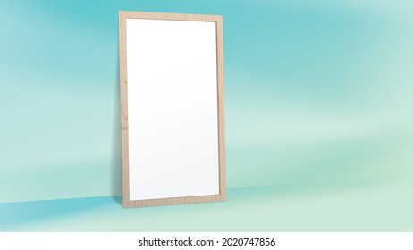 Abstract minimal scene with geometric forms. Empty paper with wood frame. Product presentation, mock up, show cosmetic product, Podium, gallery layout or poster. 3d vector