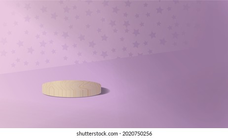 Abstract minimal scene with geometric forms. Cylinder wood podium in purple background with stars. Product presentation, mock up, show cosmetic product, Podium, stage pedestal or layout. 3d vector