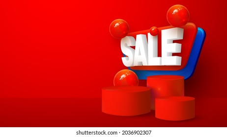 Abstract minimal scene with geometric forms. cylinder podium in blue background with geometric 3d element. product presentation, mockup, show product, podium, stage pedestal or platform.