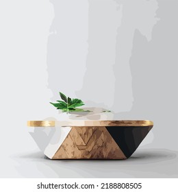 Abstract minimal ,scene with geometric, forms,. wood podium in white background with leaves, product presentation, mock up, show cosmetic product display, Podium, stage pedestal or platform. 3d vector