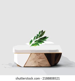 Abstract minimal ,scene with geometric, forms,. wood podium in white background with leaves, product presentation, mock up, show cosmetic product display, Podium, stage pedestal or platform. 3d vector