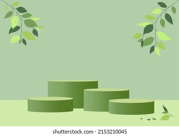 Abstract minimal scene with geometric four forms. cylinder podiums in green background with green plant leaves. product presentation, show product, podium, stage pedestal, platform. 3D vector mockup.