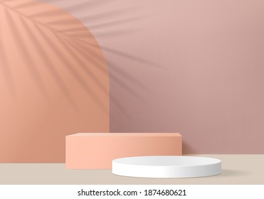 Abstract minimal scene with geometric pedestal platform. Summer 3d podium vector rendering background. Stand to show cosmetic products. Stage showcase 3d studio pedestal, pink pastel colors